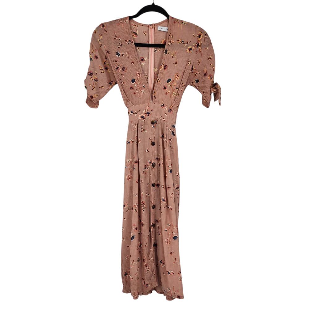 Faithfull The Brand Nina Pink Salina Floral Short Sleeve Tie Midi Dress Size S